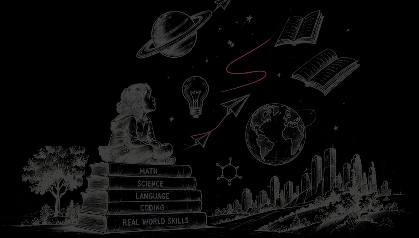 A child sitting cross-legged on a stack of books labelled math, science, language, coding and real world skills, looking up at a planet, open books and a globe